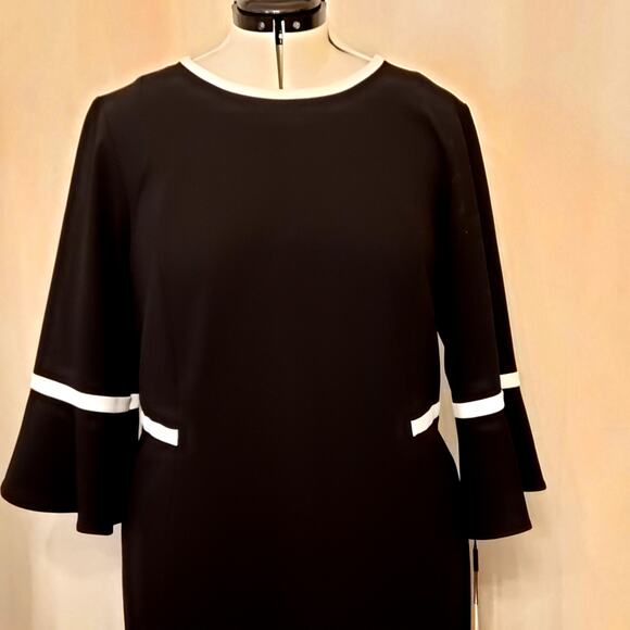 Calvin Klein Women's Black White Contrast Piping Bell Sleeve Sheath Dress SZ 18W - Picture 4 of 12
